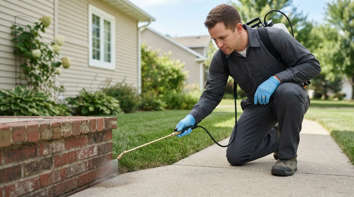 Pest control technician treating a home near South Lee, MA